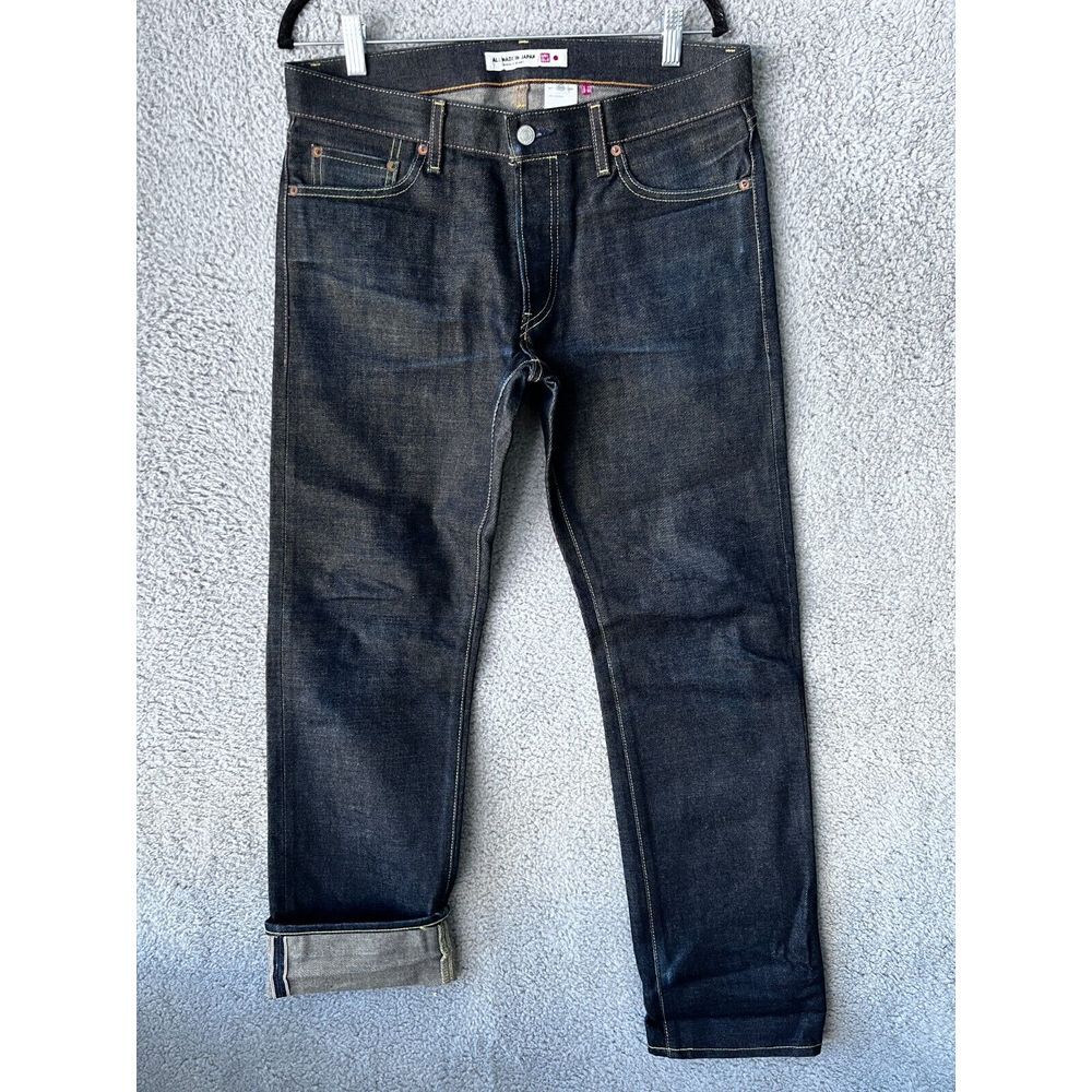 UNIQLO Jeans Mens 33x33 Indigo Dark Wash Selvedge Denim Slim Straight Japan Made